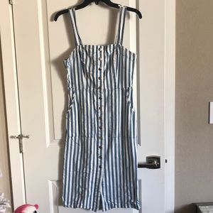 Button Front Apron Style Chambray Midi Dress
